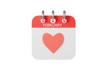 3d valentine calendar icon. love date concept. minimal cartoon heart reminder symbol for valentine marketing. isolated on white transparent background. 3d render.