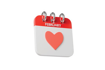 3d valentine calendar icon. love date concept. minimal cartoon heart reminder symbol for valentine marketing. isolated on white transparent background. 3d render.