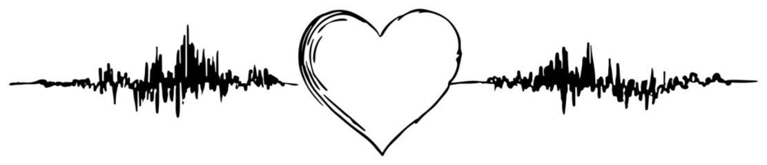 Hand drawn heart shape connected to heartbeat pulse line or sound wave rhythm