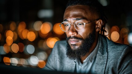 Focused Man Working Late at Night on Laptop