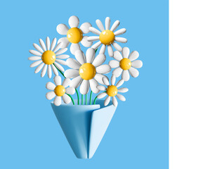 3d bouquet vector daisy white flowers in wrapping paper