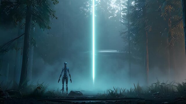 Mysterious futuristic humanoid figure in a dark forest with glowing light beam.