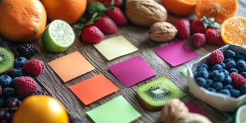 Assorted fresh fruits arranged artistically with vibrant color swatches in the background.
