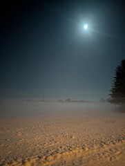 A nighttime winter scene with a bright moon, heavy fog and snow