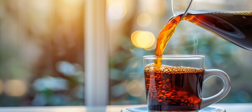 Steaming freshly brewed coffee poured into a ceramic mug capturing a cozy morning atmosphere - Powered by Adobe