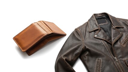 Brown leather wallet and weathered jacket on a white background studio shot