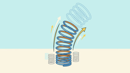Resilience and recovery concept. Large metal spring coil bouncing back. Flexible elastic spiral rebounding with energy. Business adaptability metaphor. Physics potential motion.