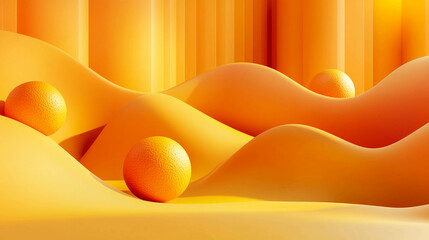 Vibrant abstract scene with wavy shapes and orange spheres on a bright yellow background with dynamic lighting effects with graphic and resource and creative and design and waves with composition