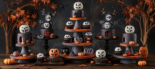 Festive halloween bakery showcase featuring vibrant cupcakes and pastries in spooky designs