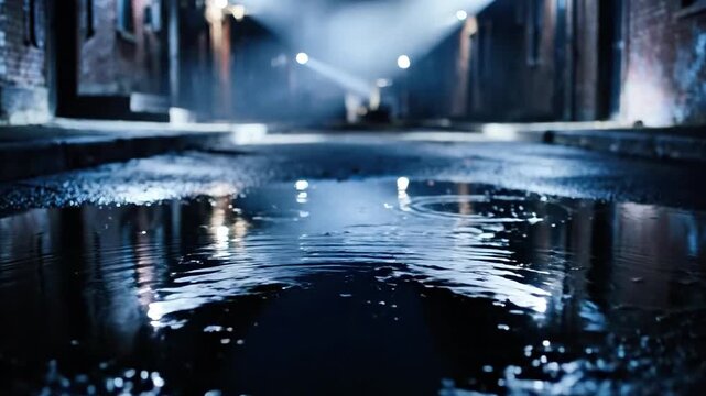 A dimly lit alleyway with a manhole cover in the foreground, reflecting light from distant street lamps on a wet surface
