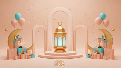 An illuminated Islamic lantern centerpiece with golden crescents gift boxes balloons and confetti creating a festive celebratory ambiance Ramadan Eid crescent moon gifts celebration