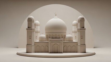 Monochromatic architectural rendering of a classic Islamic mosque structure featuring a central dome and surrounding minarets presented on a circular platform architecture