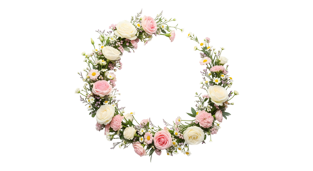 A delicate floral wreath, a symbol of beauty and nature's elegance, isolated on transparent background