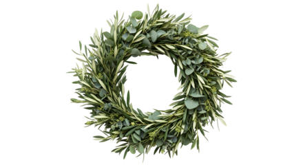 A close-up shot of a beautiful green wreath made of leaves and foliage, isolated on transparent background
