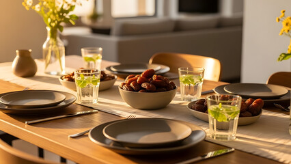 A beautifully set dinner table features bowls of fresh dates and glasses of water, ready for a gathering or special meal.