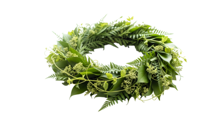 A vibrant green wreath made of fresh leaves and foliage, symbolizing freshness, life, and natural beauty. This circular arrangement captures the essence of spring, isolated on transparent background