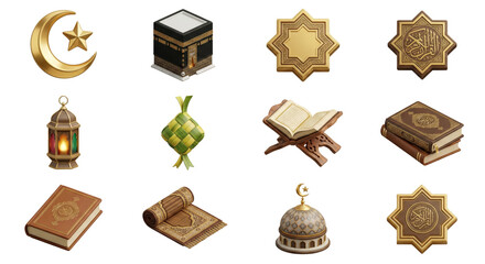 Islamic Icons Collection: Kaaba, Quran, Star Moon, Lantern, Prayer Mat, Dome