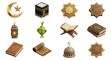 Islamic Icons Collection: Kaaba, Quran, Star Moon, Lantern, Prayer Mat, Dome