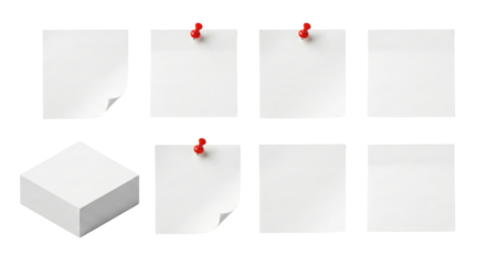 Blank White Sticky Notes Collection with Pins and Stack - Isolated on White