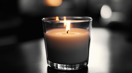 A candle in a glass votive holder is lit on a dark table. The glow of the flame casts light onto the surface.