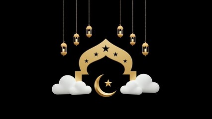 Ornate golden Islamic architecture with crescent moon stars fluffy clouds and hanging lanterns symbolizing cultural and religious celebrations ramadan eid mosque lamp white