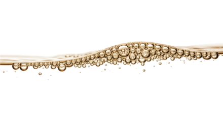 Close-up shot of golden bubbles floating on liquid, isolated on transparent background