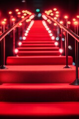 A night scene of a red carpet event, glowing lights, and rails for safety.