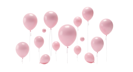 A collection of pastel pink balloons floating upwards, with strings trailing gently downwards. The scene evokes a sense of joy and celebration, isolated on transparent background