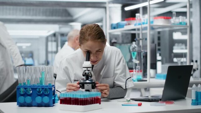 Clinical microbiologist using compound microscope for detailed cellular analysis research. Female cytotechnologist doing tissue sample examination inside modern laboratory facility, camera B
