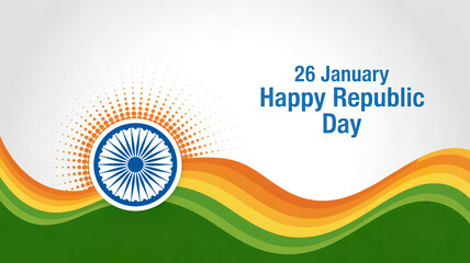 A vibrant graphic design celebrating India's Republic Day on January 26th with a blue wheel and orange, yellow, and green wavy lines