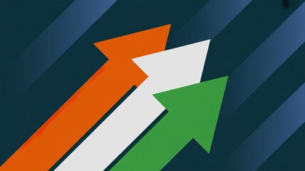 A graphic design featuring three arrows in orange, white, and green colors pointing upwards on a dark blue background with diagonal stripes.