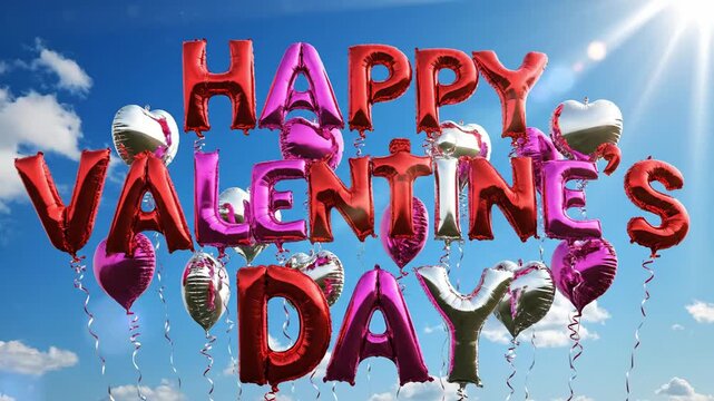 Happy Valentine's Day foil balloons floating in sunny blue sky with clouds