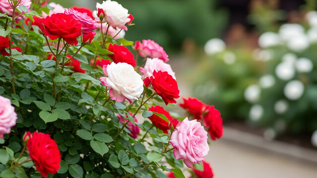 Colorful rose bush blooming in garden with lush green background  