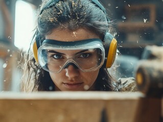 A woman wearing a face mask and goggles in a workshop setting.