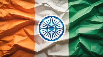 The Indian national flag with a crumpled texture, featuring the Ashoka Chakra emblem in the center.