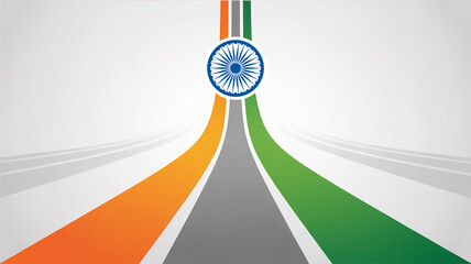 A stylized illustration of a road with the Indian flag colors and the Ashoka Chakra symbol