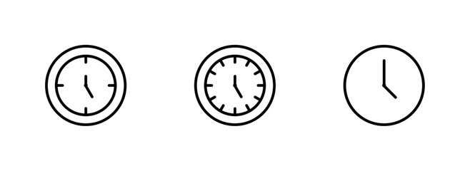 Outline analog clock and time icon set, Schedule and deadline symbols, Watch and timer UI elements, Punctuality and management graphics, Minimalist line art vector collection