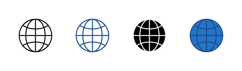 Globe and world map icons in outline and solid styles, Global network and internet symbols, Earth and worldwide connection UI icons, International communication graphics, Globe icon set