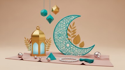 An ornate gold lantern with glowing blue light sits next to a decorative turquoise crescent moon and golden leaves Ramadan Islamic Islamic pattern decoration Islamic art Islam