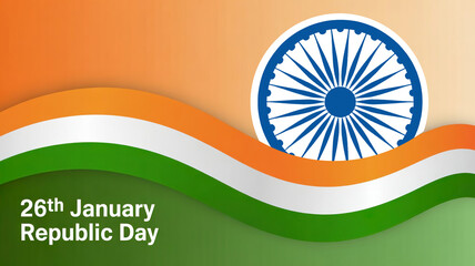 A vibrant digital illustration celebrating India's Republic Day on January 26th with the national flag colors and the Ashoka Chakra symbol.
