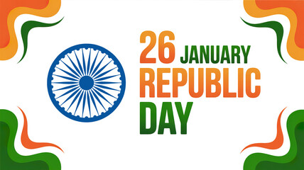 A vibrant graphic celebrating India's Republic Day on January 26th with a blue wheel and colorful swirls