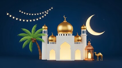 A stylized white mosque with golden domes a palm tree a camel and a crescent moon illuminated by decorative lights against a dark blue sky islam ramadan eid culture religion
