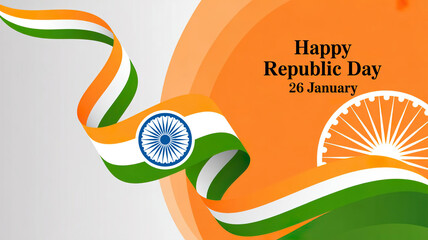 A vibrant graphic design celebrating India's Republic Day on January 26th with the national flag colors and emblem