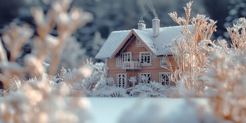 Snow-covered alpine cottage with frosty branches of a tree in the foreground.