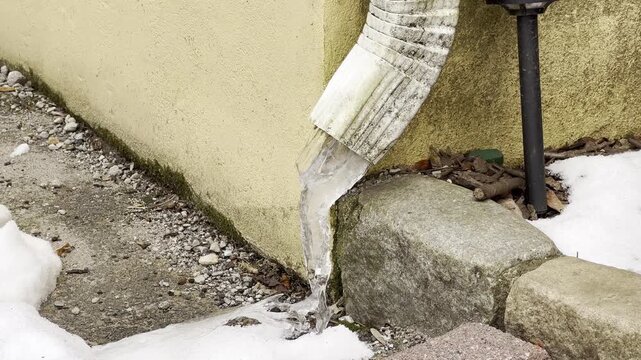 ice at the bottom of the gutter on a cold January day