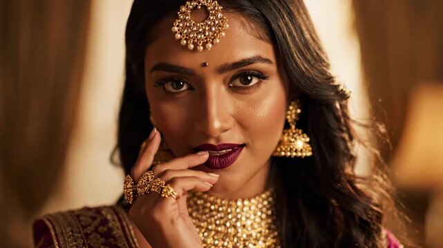 Woman with traditional indian jewelry looking at camera from shy to playful expression, for cultural beauty concept.