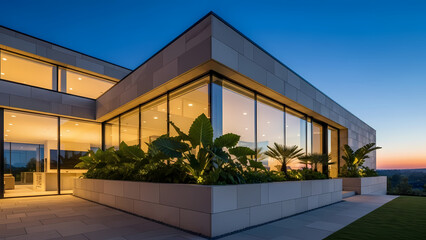 Modern house exterior with lush garden at dusk, showcasing sleek architecture and serene surroundings