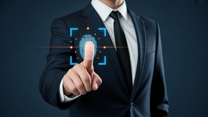 A businessman in a suit using fingerprint recognition technology for secure authentication.