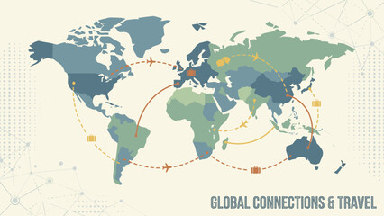Fototapeta premium Stylized world map vector with global network connection lines. International travel logistics and business trade. Earth flight paths with airplane icons. Transportation concept.