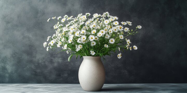 Beautiful bouquet of white flowers with yellow centers, resting on a table against a gray background - Powered by Adobe
